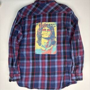 The Doors Jim Morrison Upcycled XL Flannel Shirt Plaid Red Blue Button Up Rock